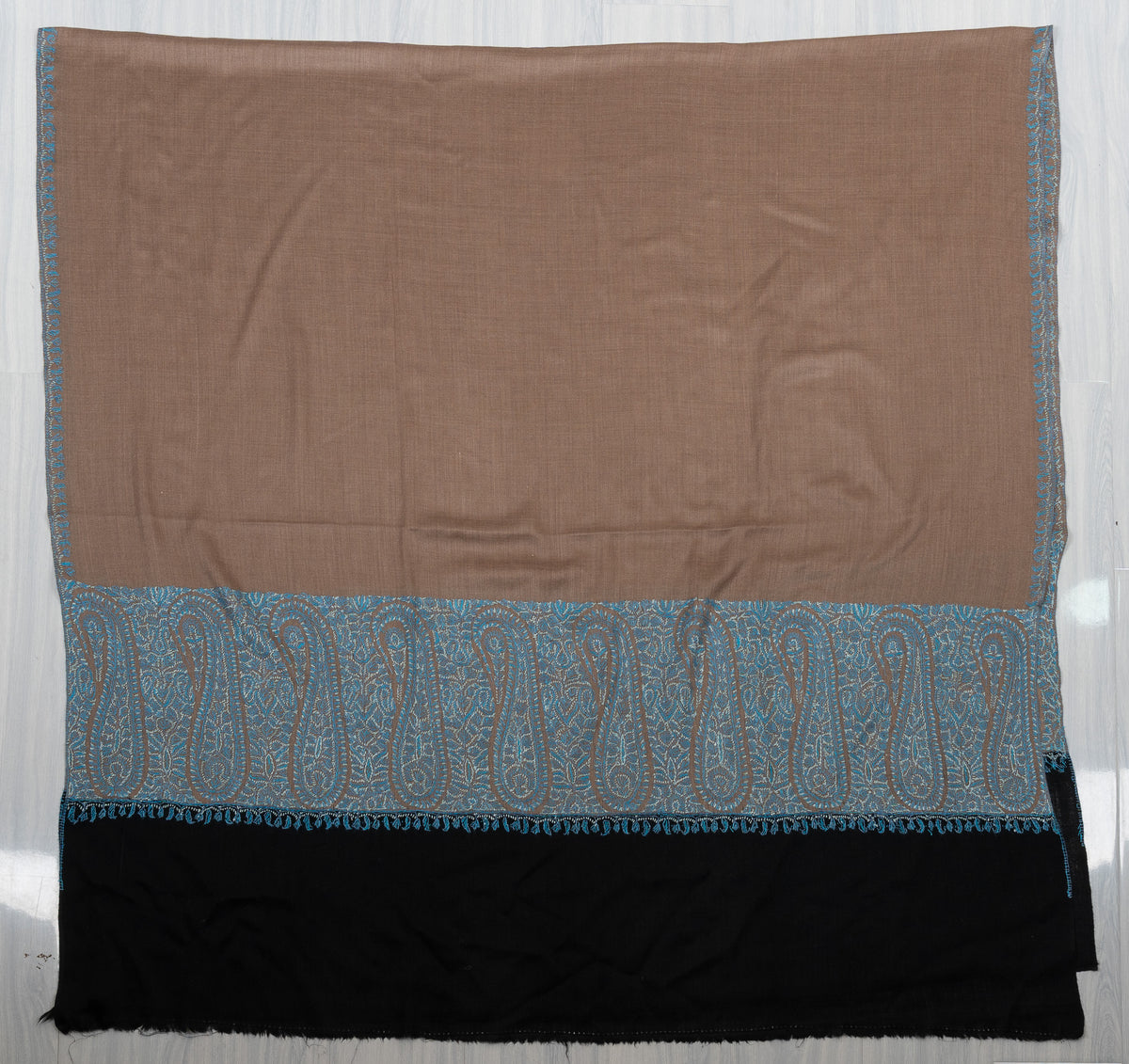 Taupe Azure Contrast 2.5 Yards Sozni Hand Embroidered Shawl