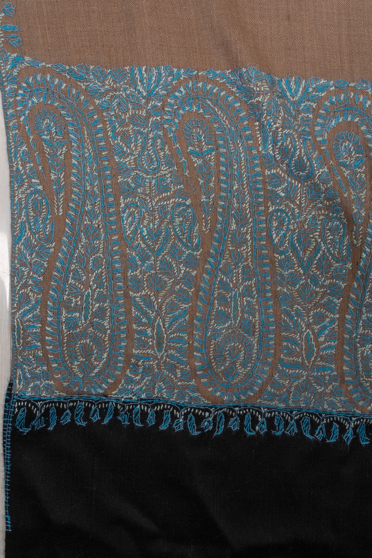 Taupe Azure Contrast 2.5 Yards Sozni Hand Embroidered Shawl