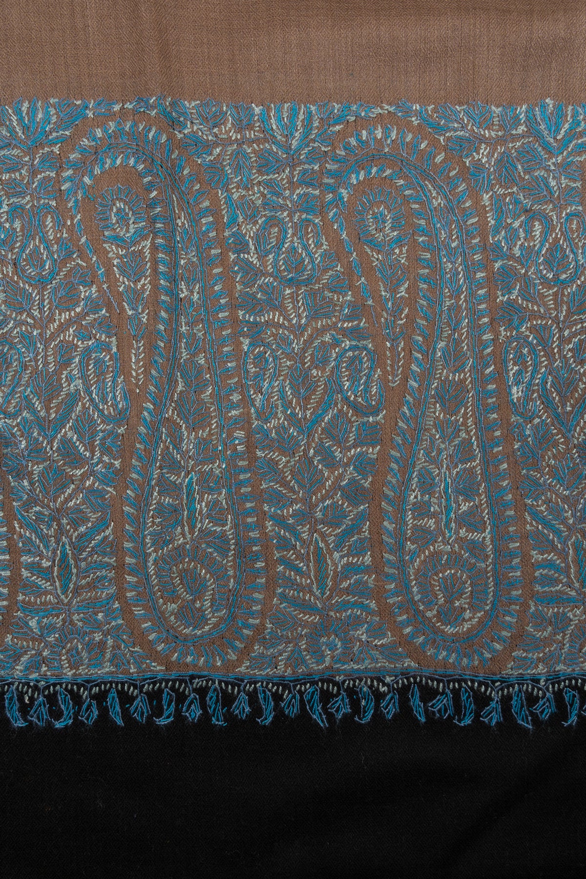 Taupe Azure Contrast 2.5 Yards Sozni Hand Embroidered Shawl
