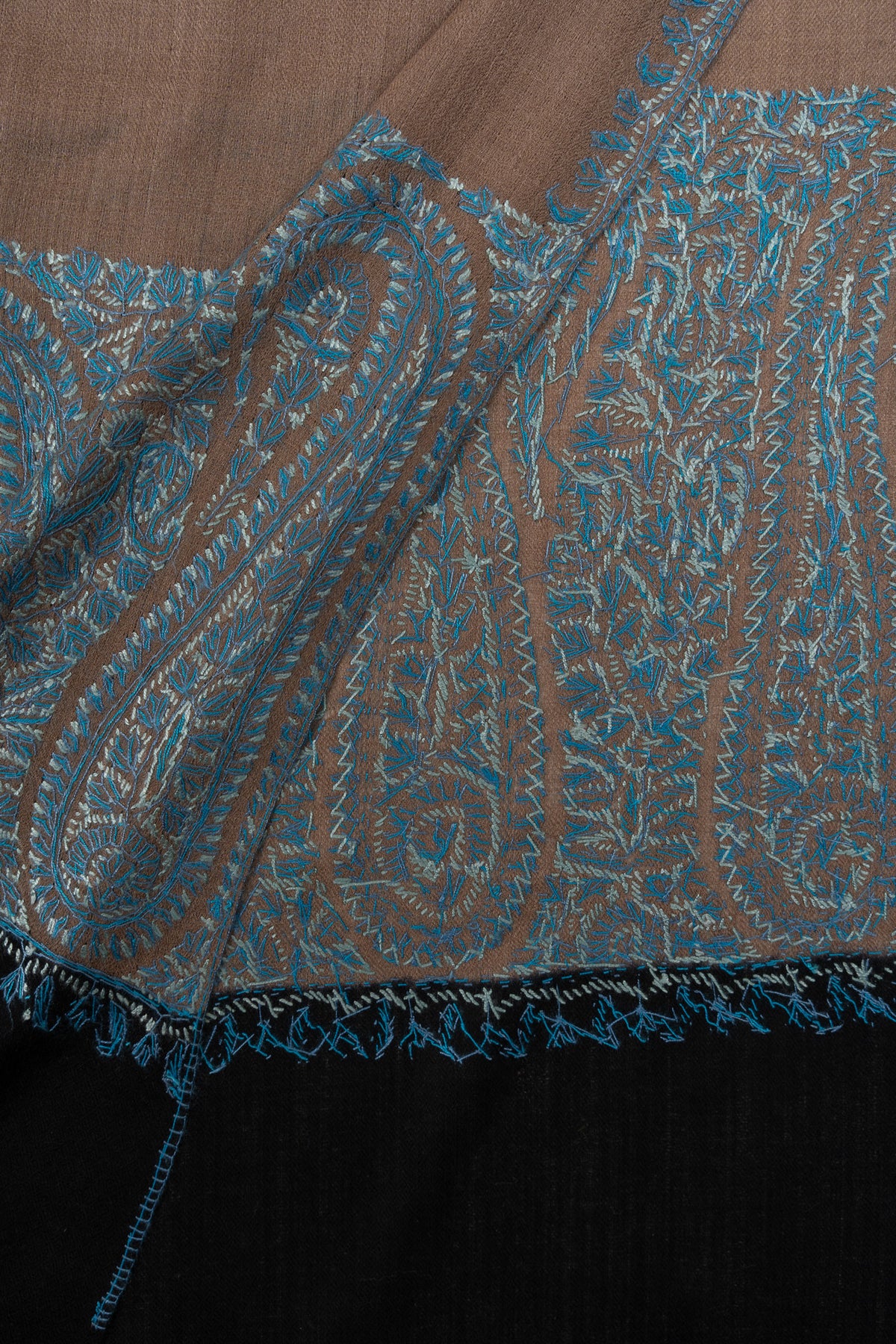 Taupe Azure Contrast 2.5 Yards Sozni Hand Embroidered Shawl