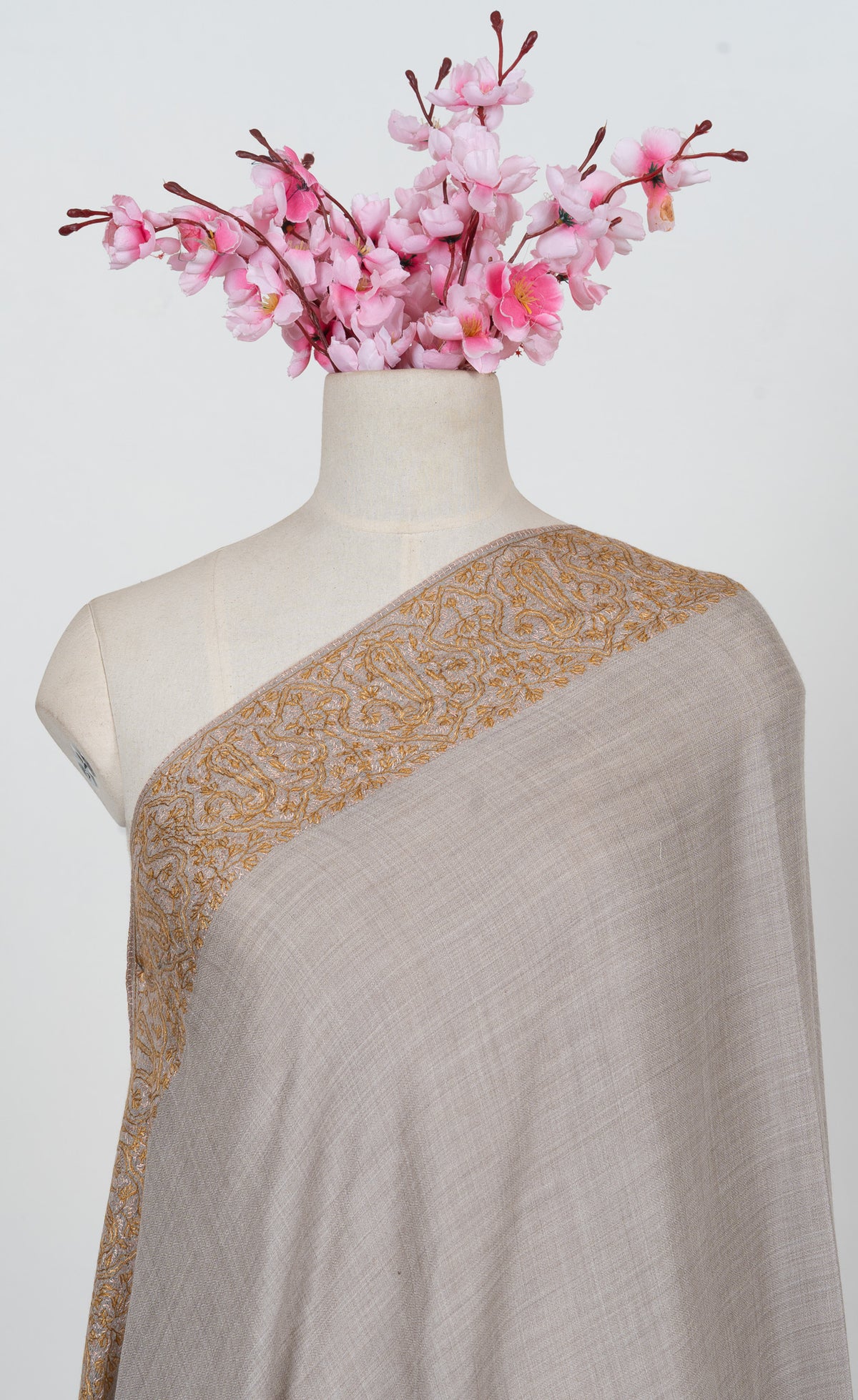 Ivory Sand Heirloom 2.5 Yards Sozni Hand Embroidered Shawl