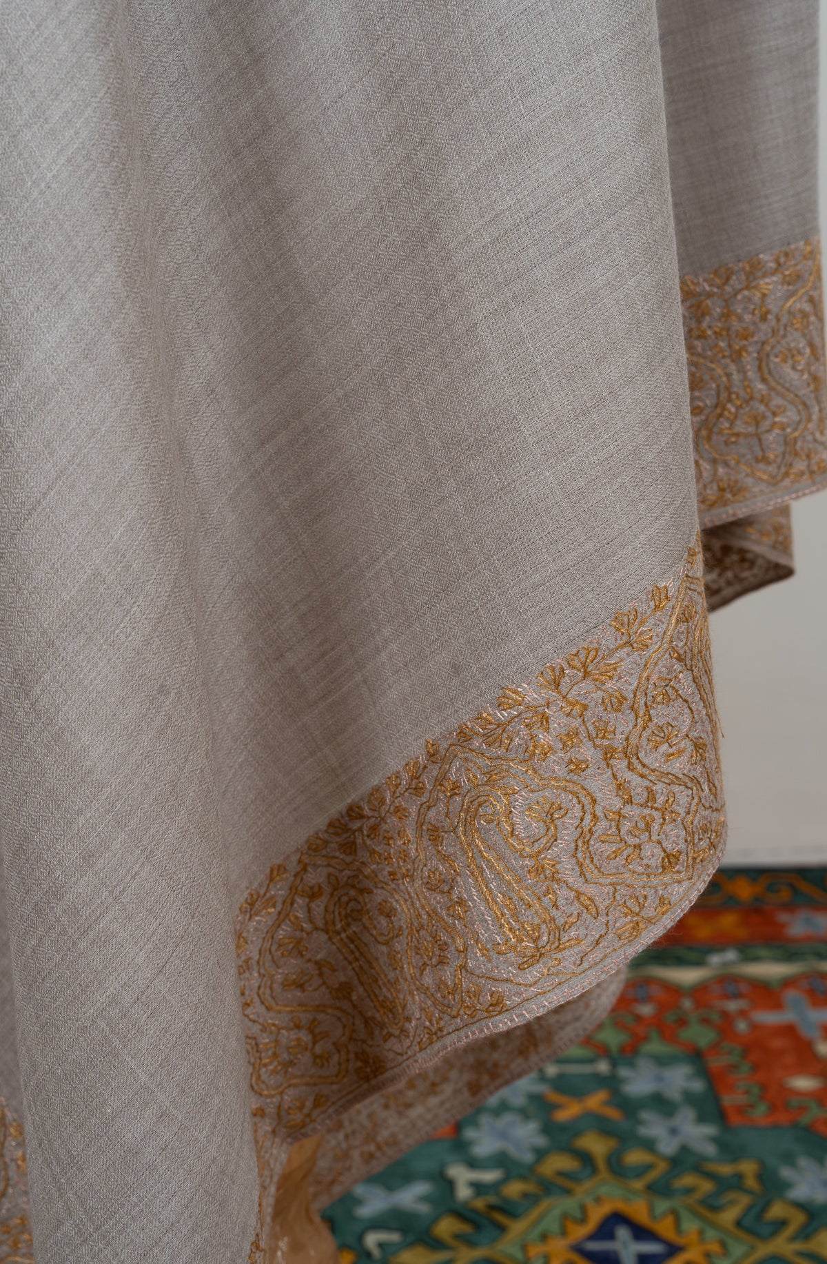 Ivory Sand Heirloom 2.5 Yards Sozni Hand Embroidered Shawl