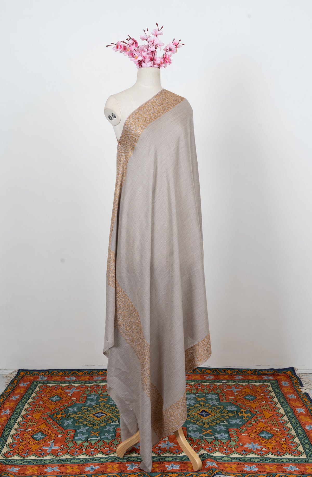 Ivory Sand Heirloom 2.5 Yards Sozni Hand Embroidered Shawl