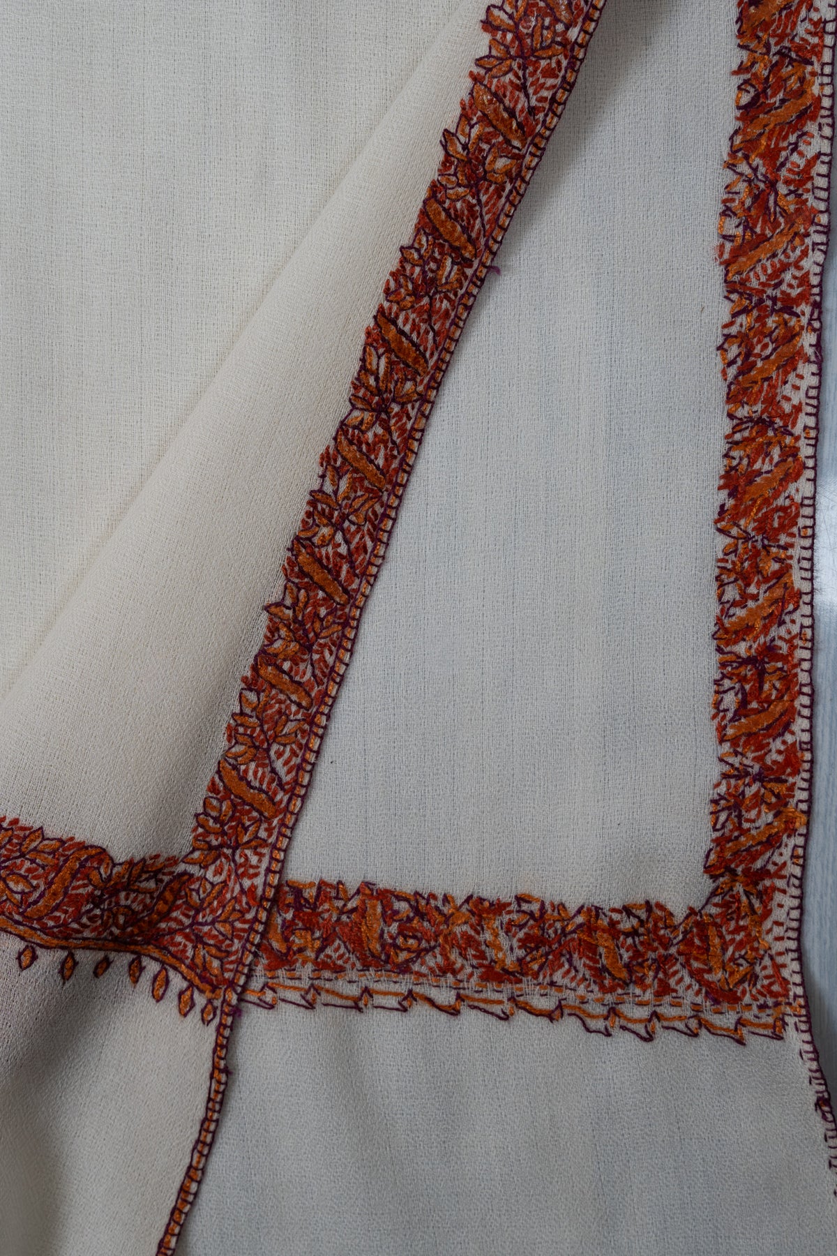 Soft Pearl Rust Edge 2.5 Yards Sozni Hand Embroidered Shawl