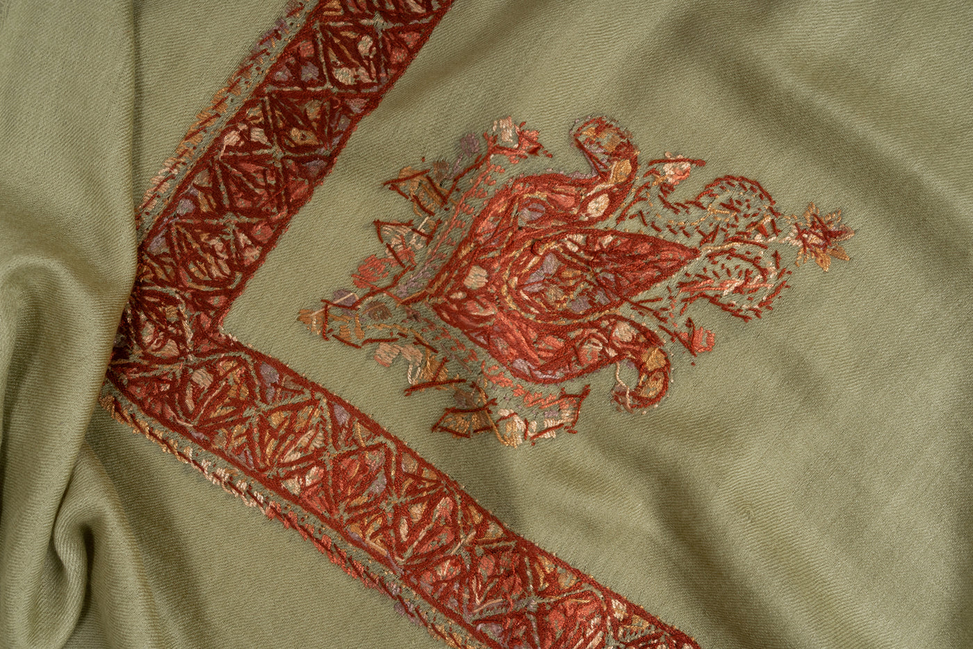 Sage Ember Rumal — Sozni Hand Embroidered