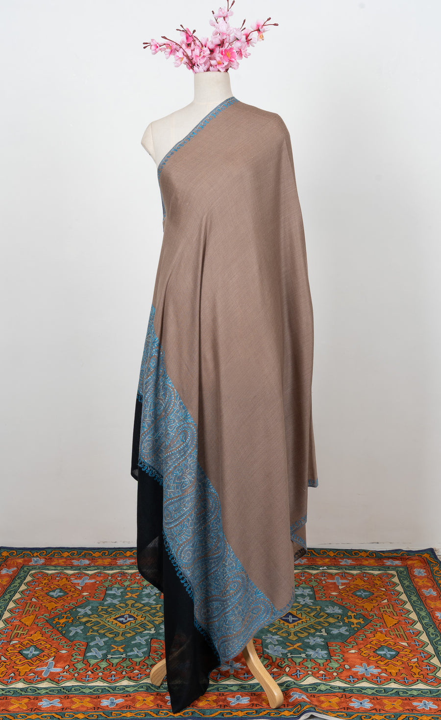 Taupe Azure Contrast 2.5 Yards Sozni Hand Embroidered Shawl