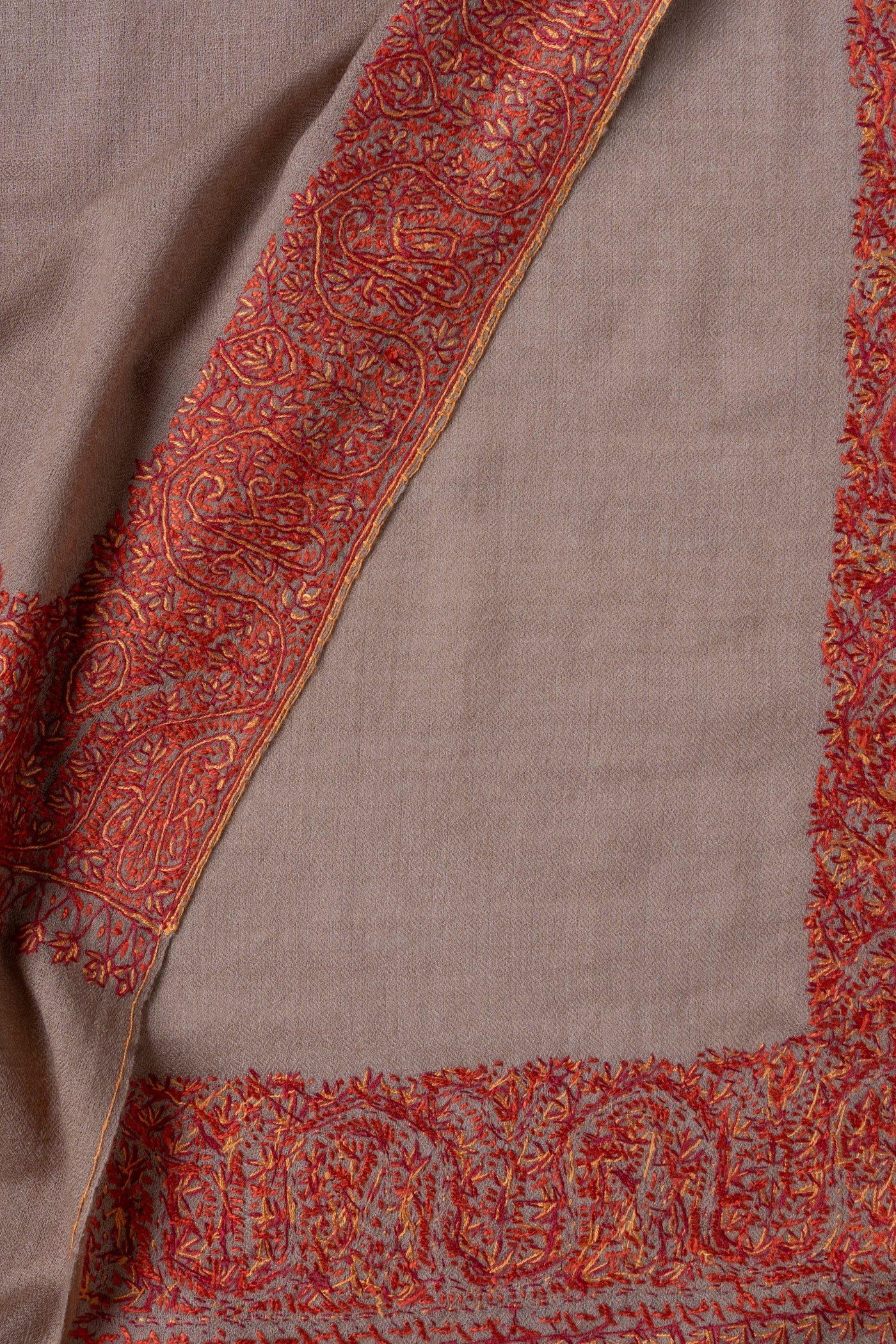 2.5 Yards | Gul-e-Atish — Sozni Hand-Embroidered Border Shawl in Burnished Brown