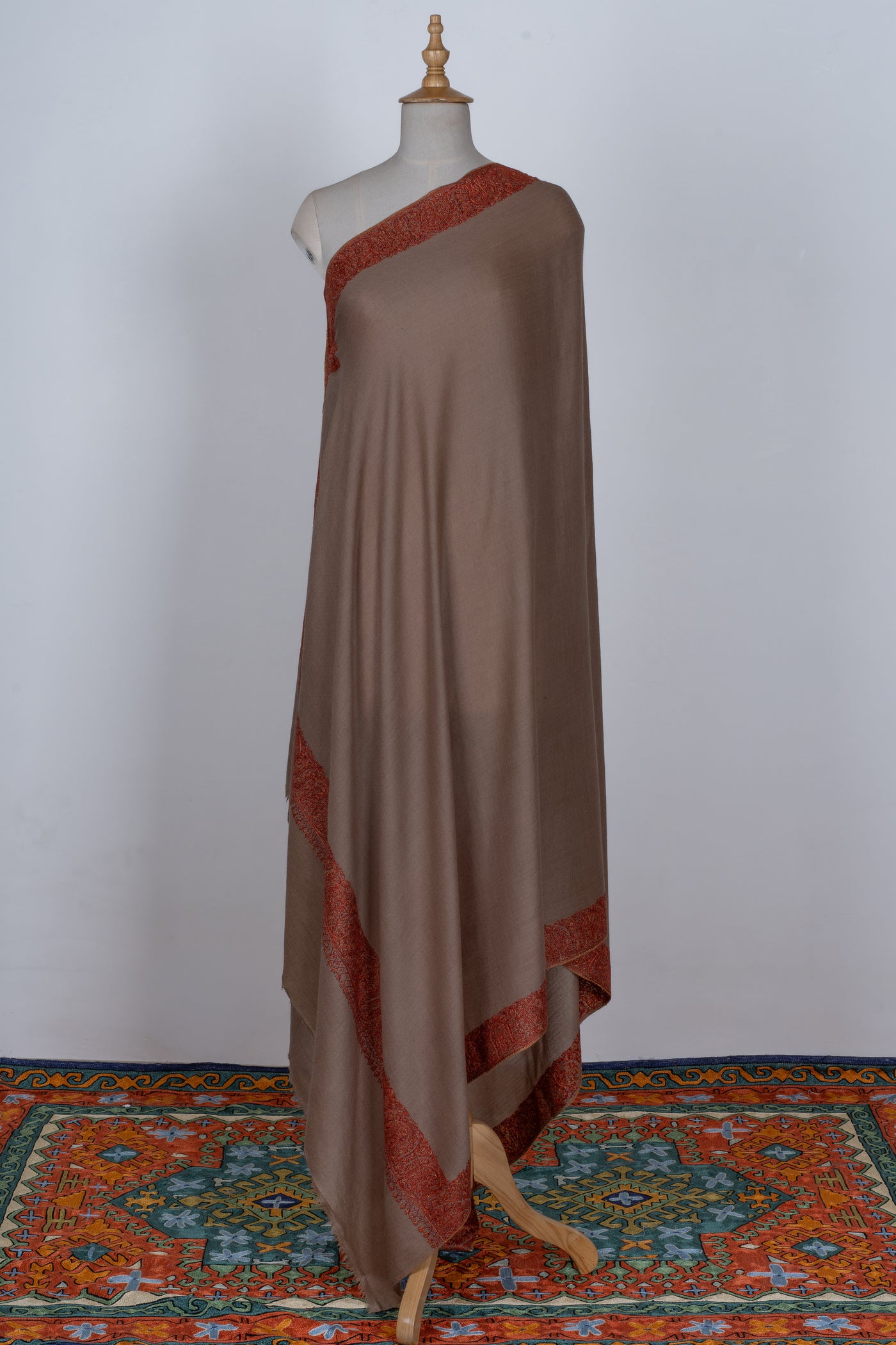 2.5 Yards | Gul-e-Atish — Sozni Hand-Embroidered Border Shawl in Burnished Brown