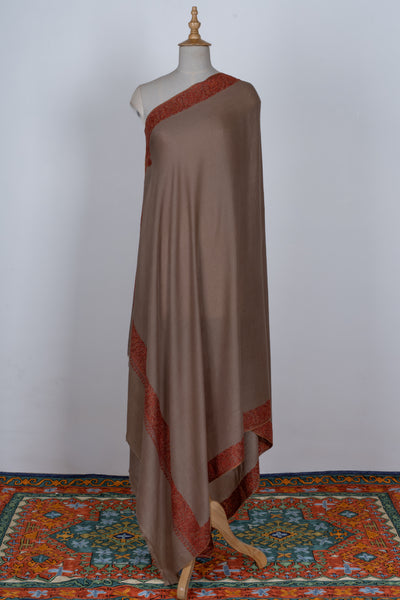 2.5 Yards | Gul-e-Atish — Sozni Hand-Embroidered Border Shawl in Burnished Brown