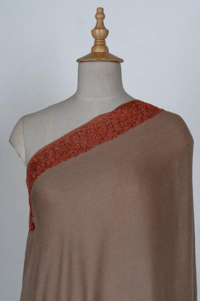 2.5 Yards | Gul-e-Atish — Sozni Hand-Embroidered Border Shawl in Burnished Brown