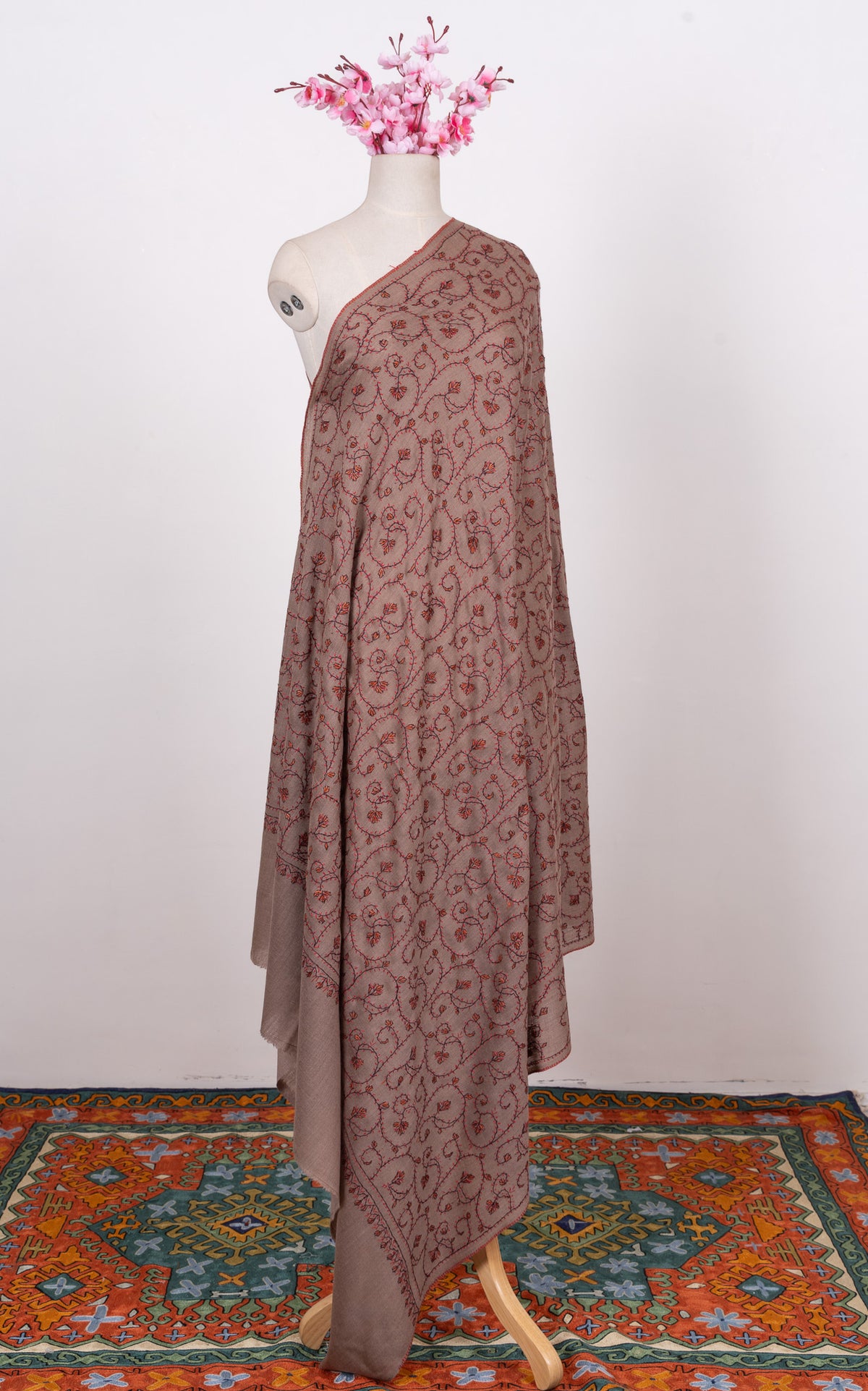 Antique Taupe 2.5 Yards Sozni Hand Embroidered Shawl