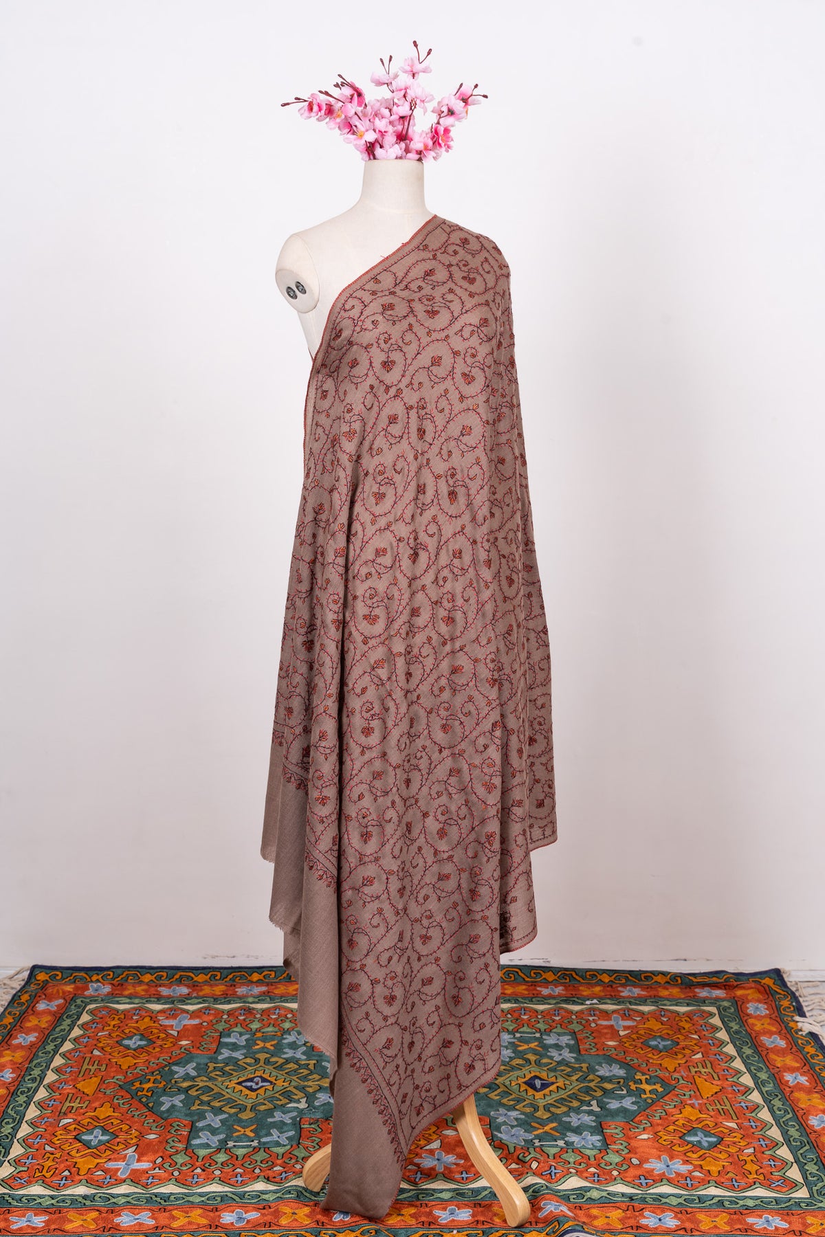 Rosewood Vine 2.5 Yards Sozni Hand Embroidered Shawl