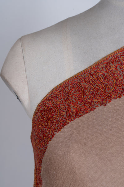 2.5 Yards | Gul-e-Atish — Sozni Hand-Embroidered Border Shawl in Burnished Brown