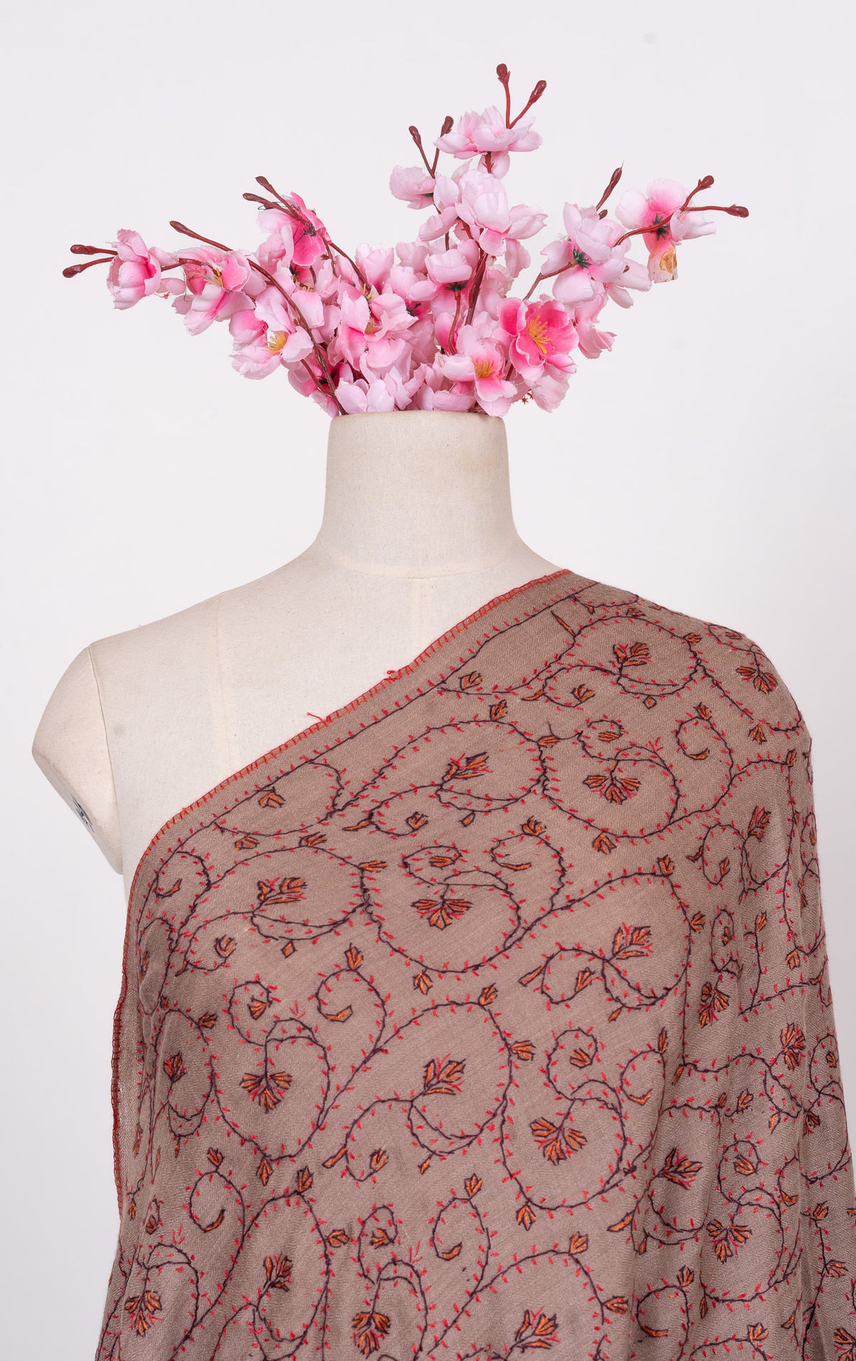 Antique Taupe 2.5 Yards Sozni Hand Embroidered Shawl