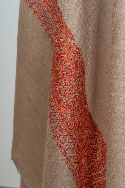 2.5 Yards | Gul-e-Atish — Sozni Hand-Embroidered Border Shawl in Burnished Brown