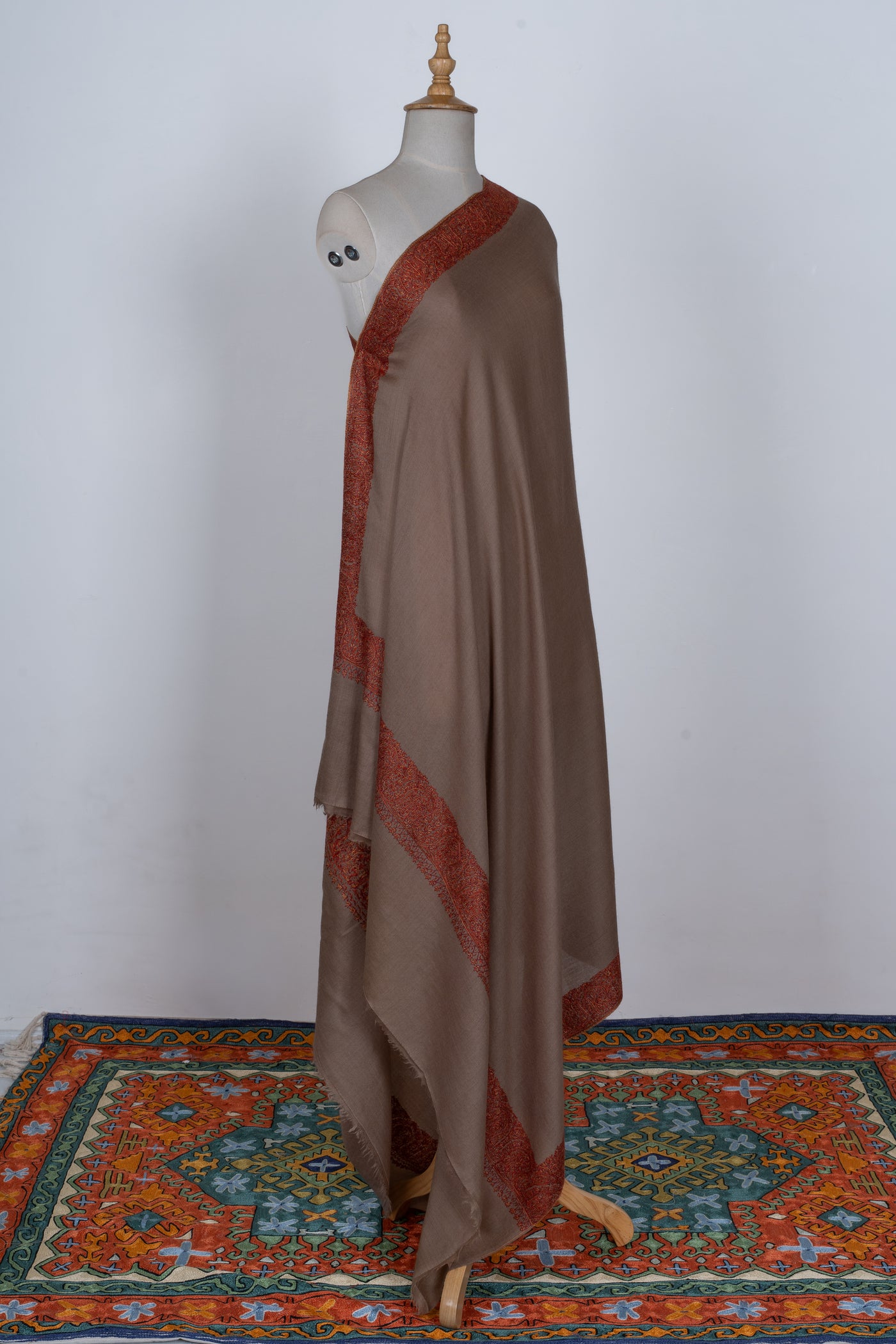 2.5 Yards | Gul-e-Atish — Sozni Hand-Embroidered Border Shawl in Burnished Brown
