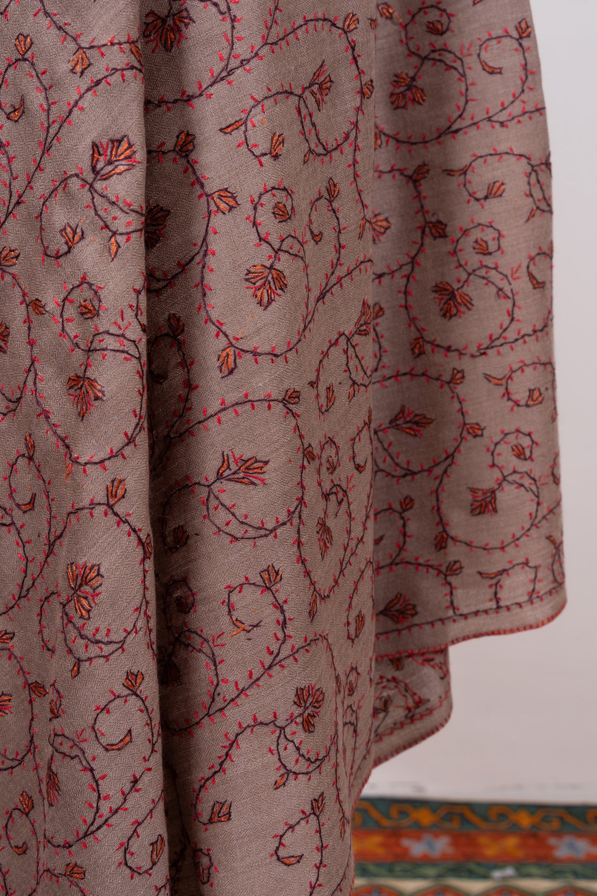 Antique Taupe 2.5 Yards Sozni Hand Embroidered Shawl