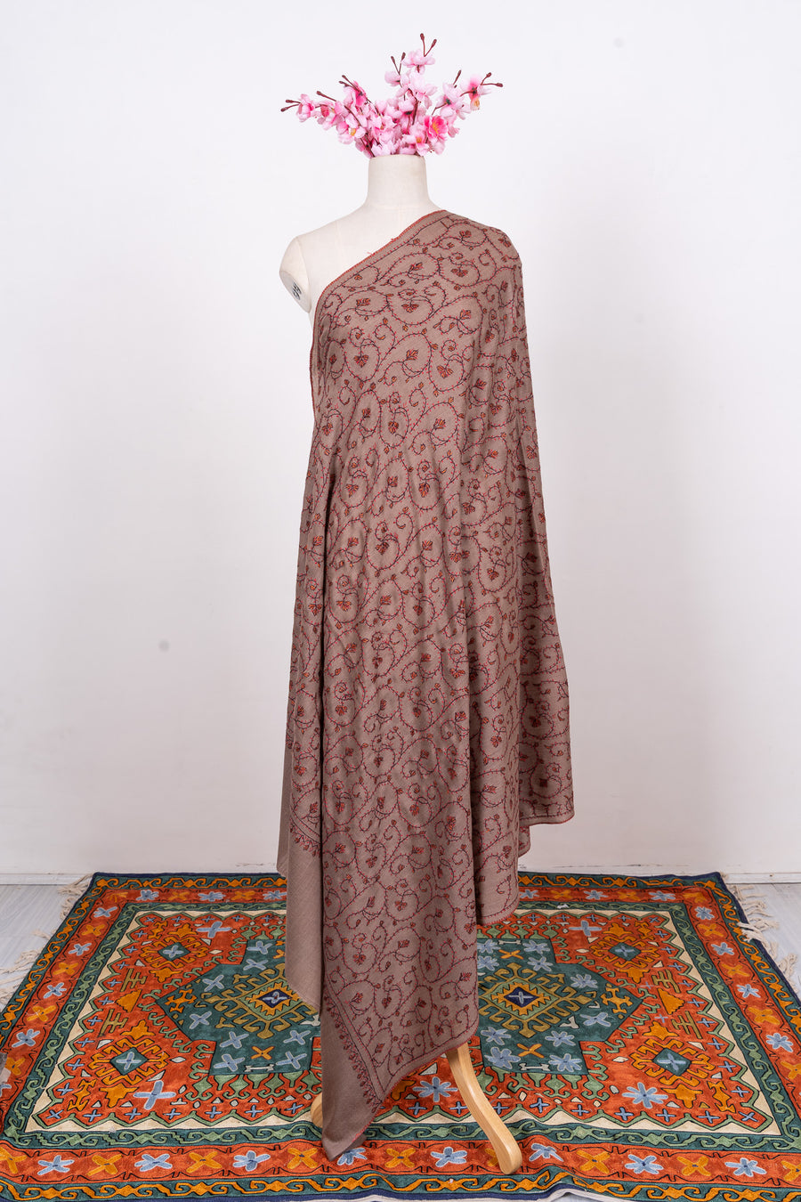 Rosewood Vine 2.5 Yards Sozni Hand Embroidered Shawl