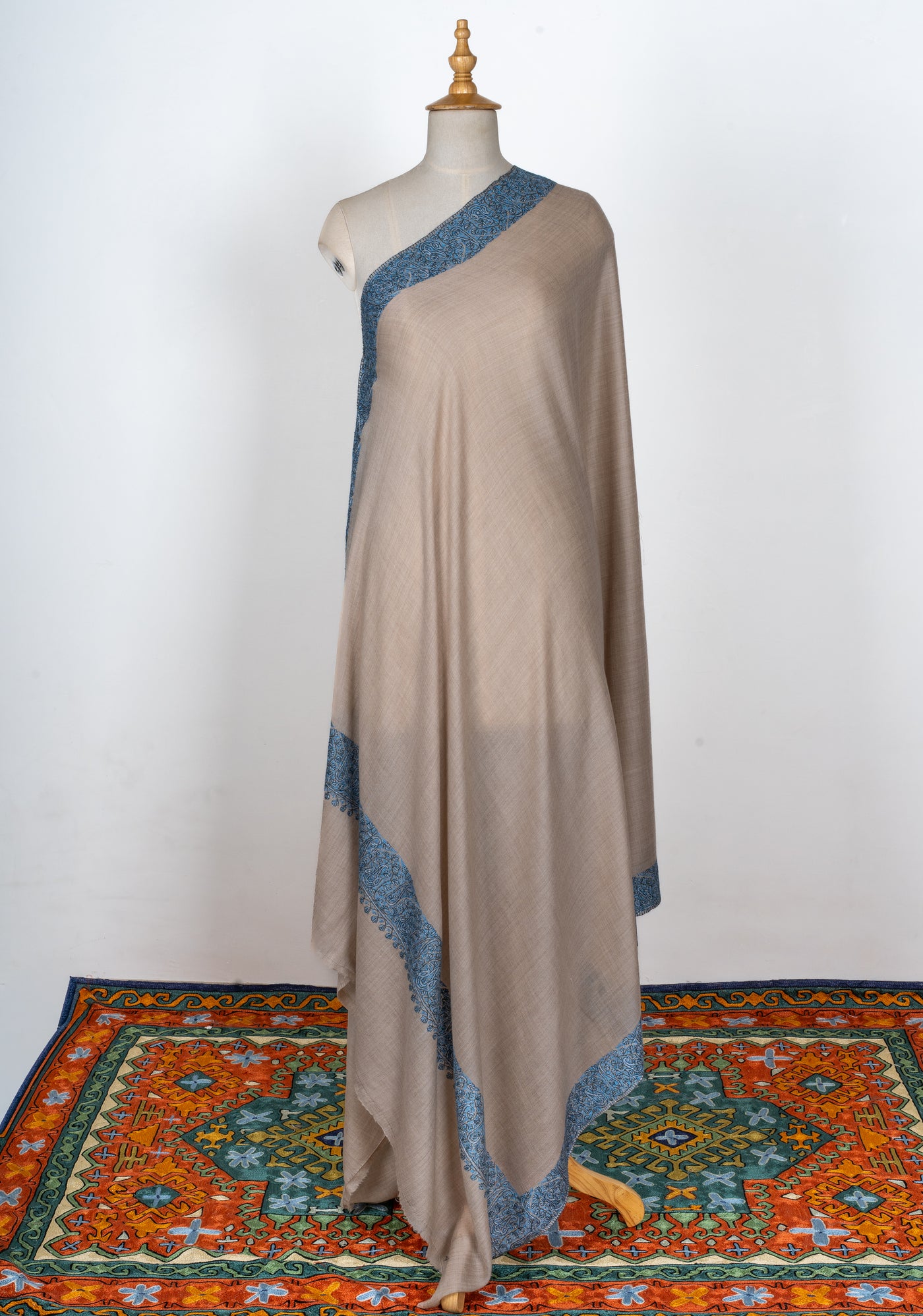 2.5 Yards | Aab-e-Neel — Sozni Hand-Embroidered Border Shawl in Sand & Azure