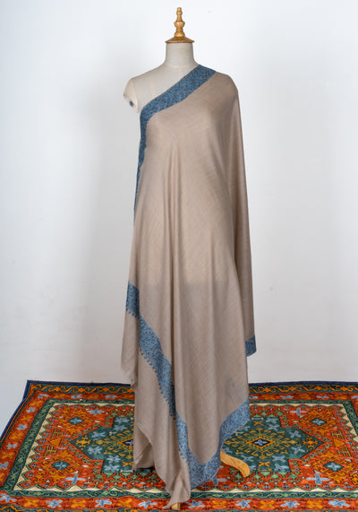 2.5 Yards | Aab-e-Neel — Sozni Hand-Embroidered Border Shawl in Sand & Azure