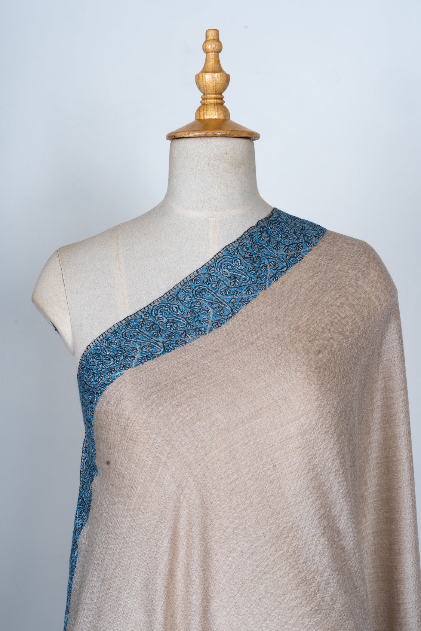 2.5 Yards | Aab-e-Neel — Sozni Hand-Embroidered Border Shawl in Sand & Azure