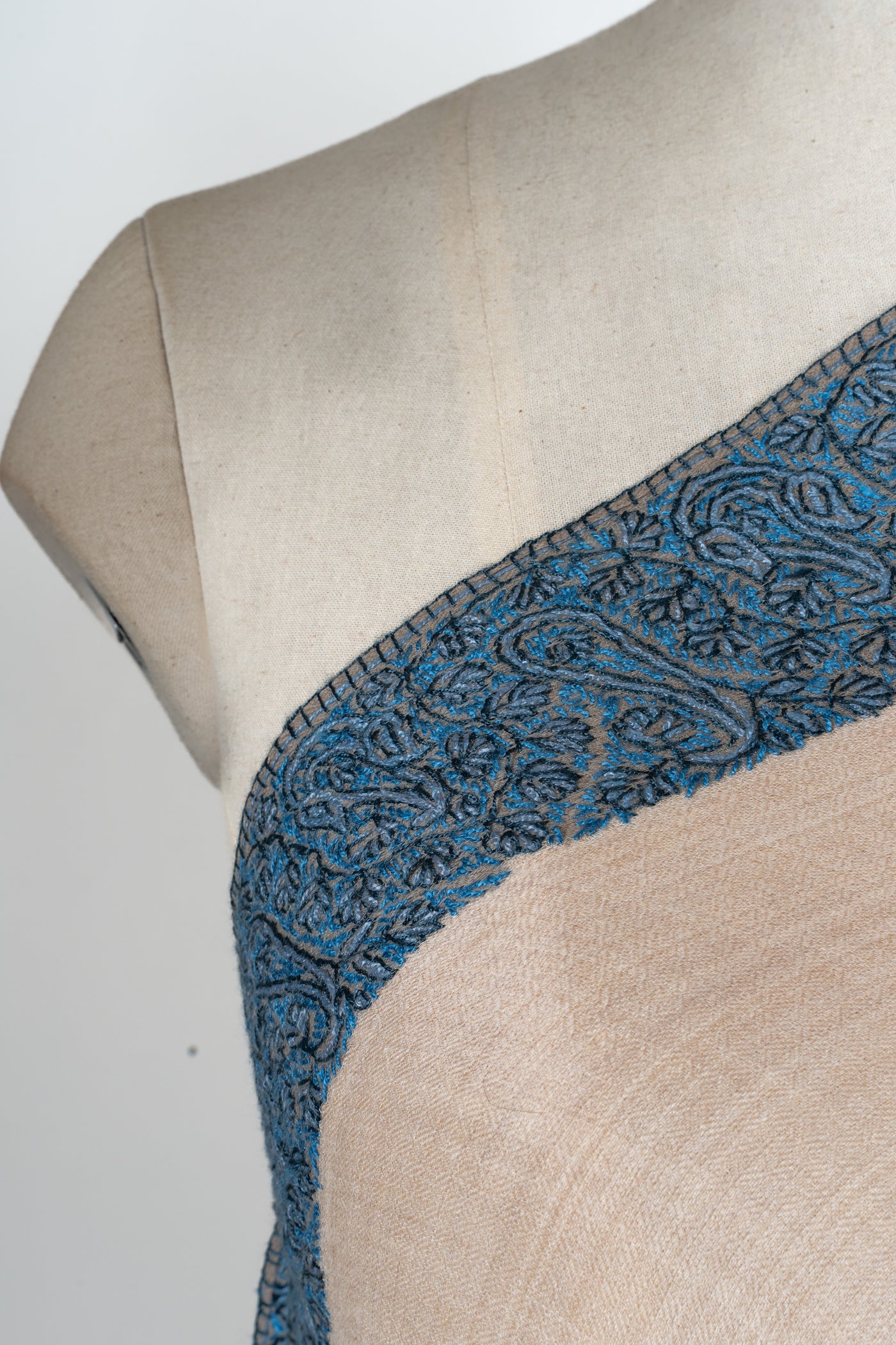 2.5 Yards | Aab-e-Neel — Sozni Hand-Embroidered Border Shawl in Sand & Azure