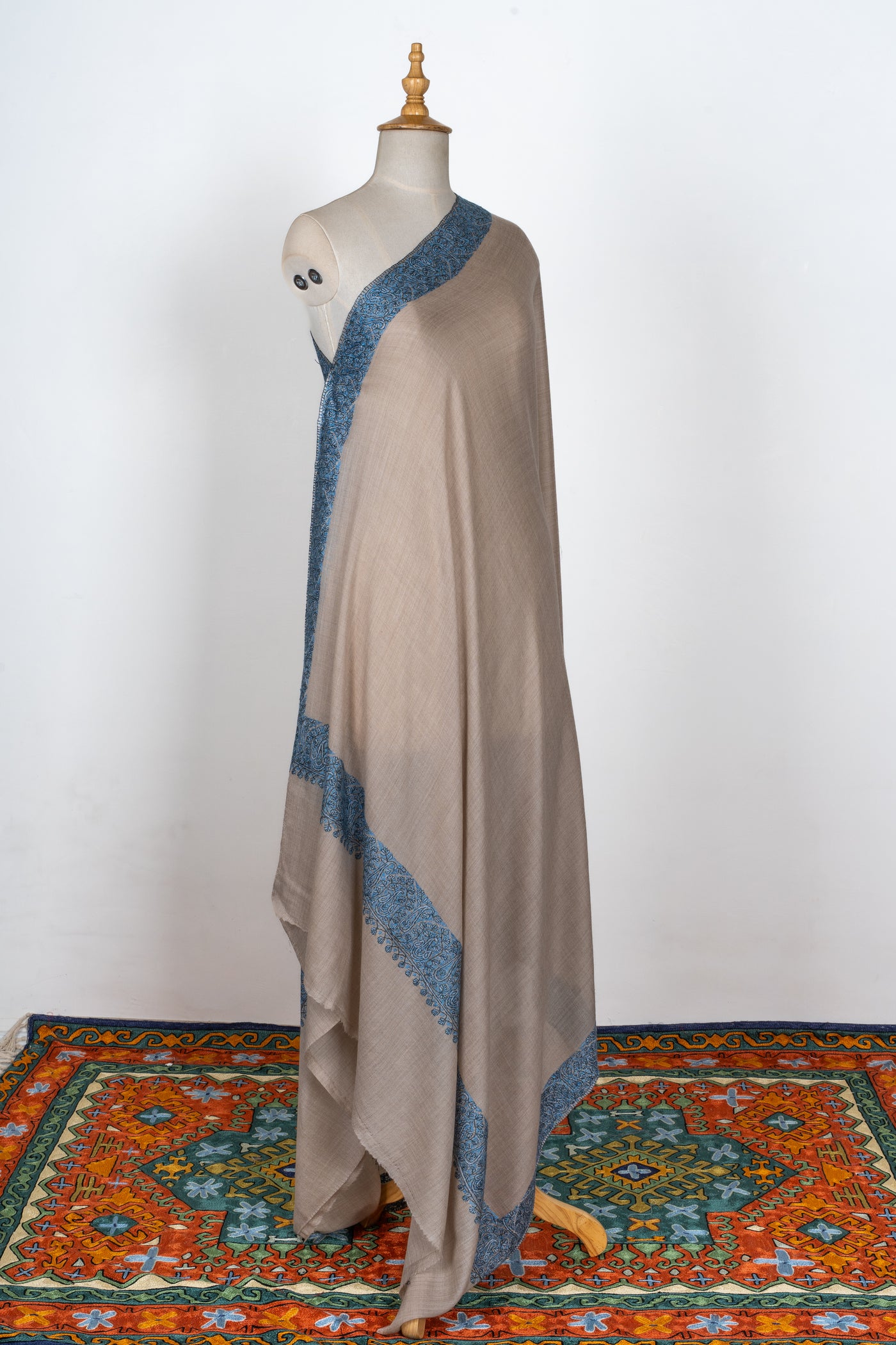 2.5 Yards | Aab-e-Neel — Sozni Hand-Embroidered Border Shawl in Sand & Azure