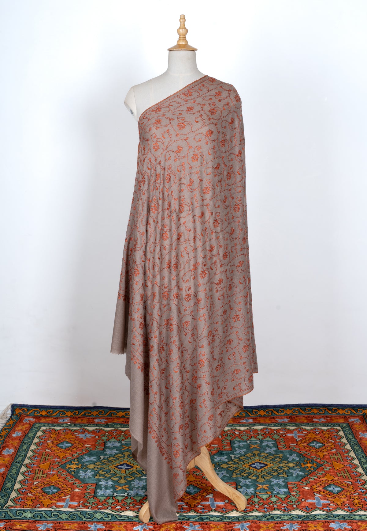 2.5 Yards | Chaman-e-Atish — Sozni Jaal Hand-Embroidered Shawl in Beige & Ember Red