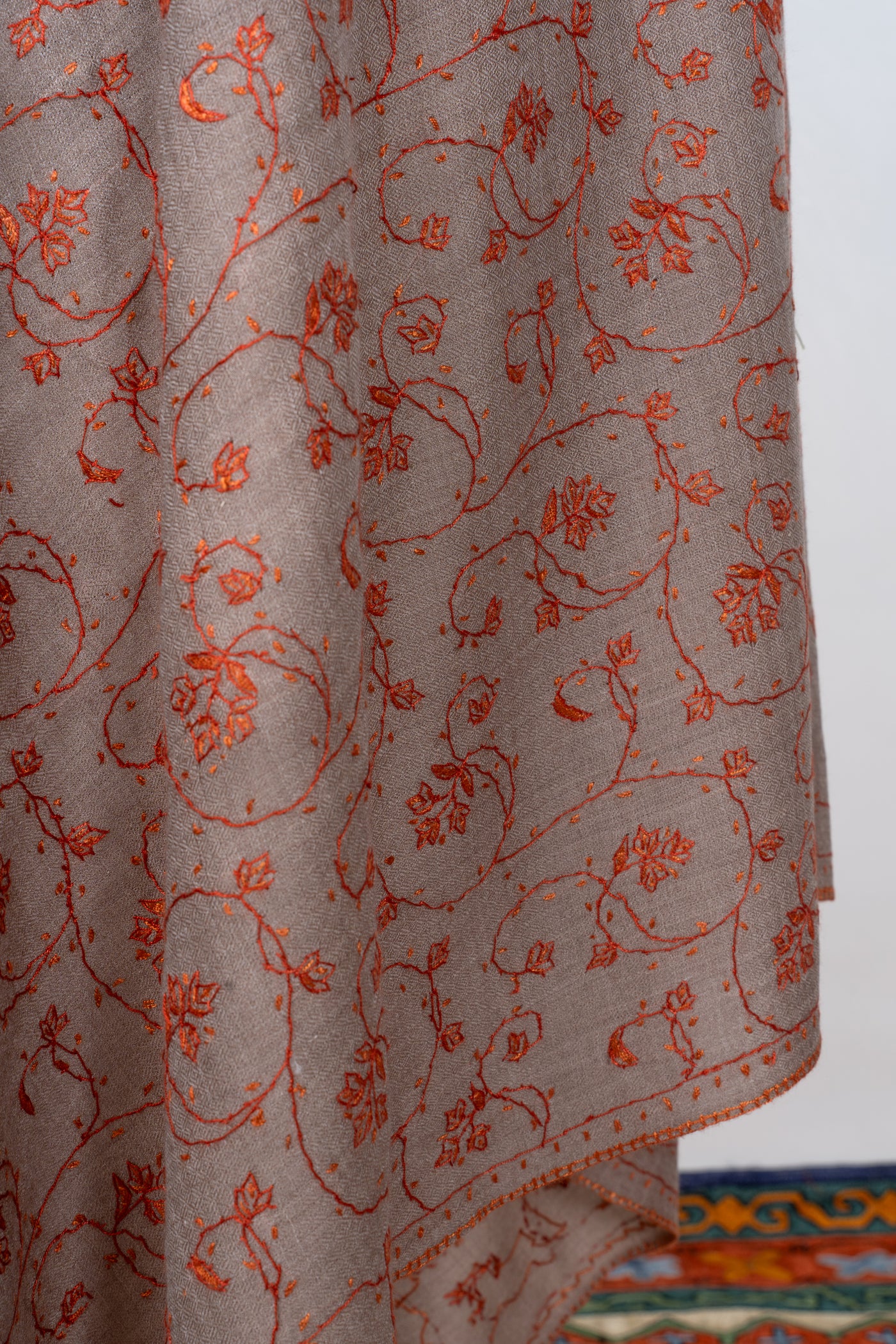2.5 Yards | Chaman-e-Atish — Sozni Jaal Hand-Embroidered Shawl in Beige & Ember Red