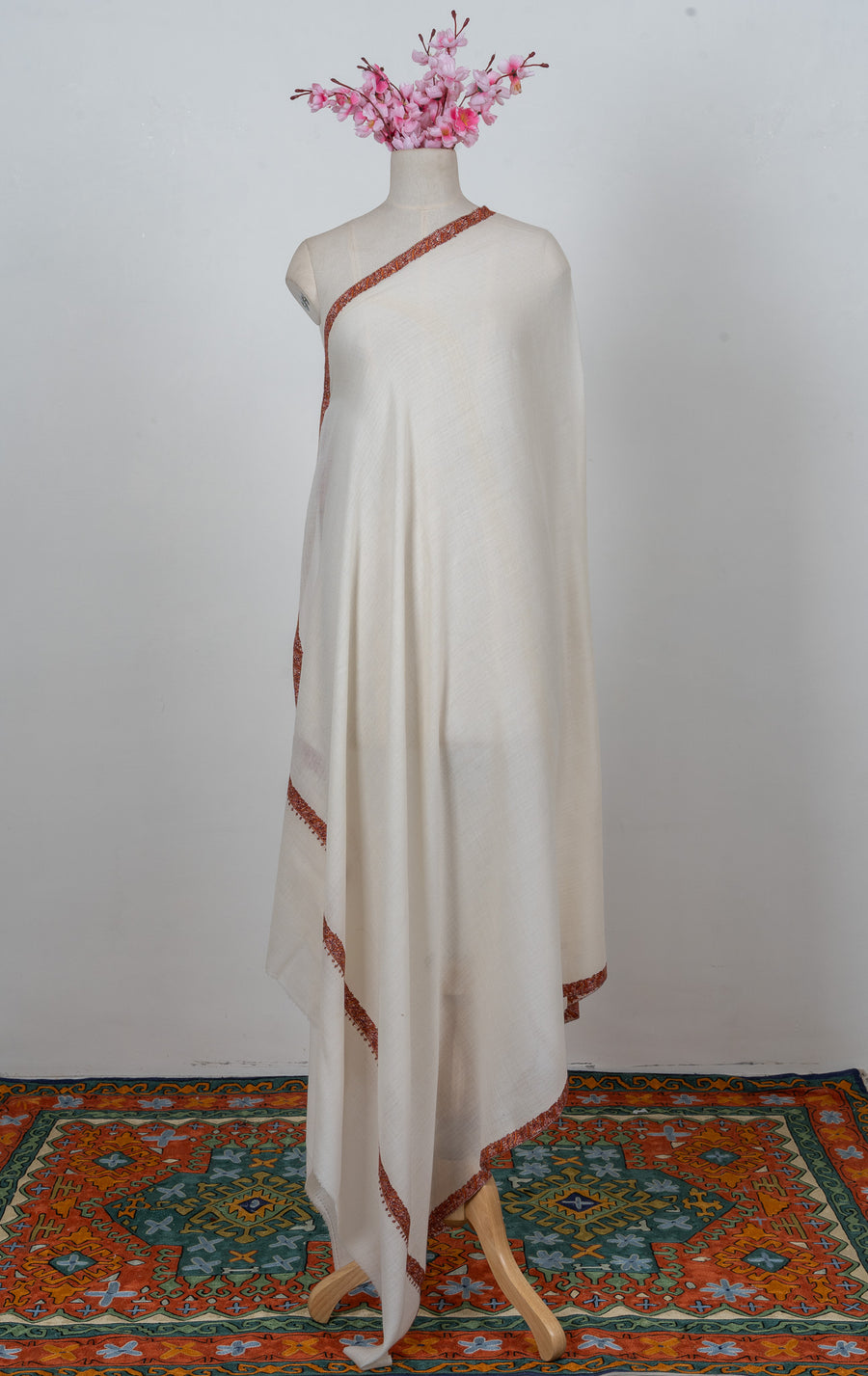 Soft Pearl Rust Edge 2.5 Yards Sozni Hand Embroidered Shawl
