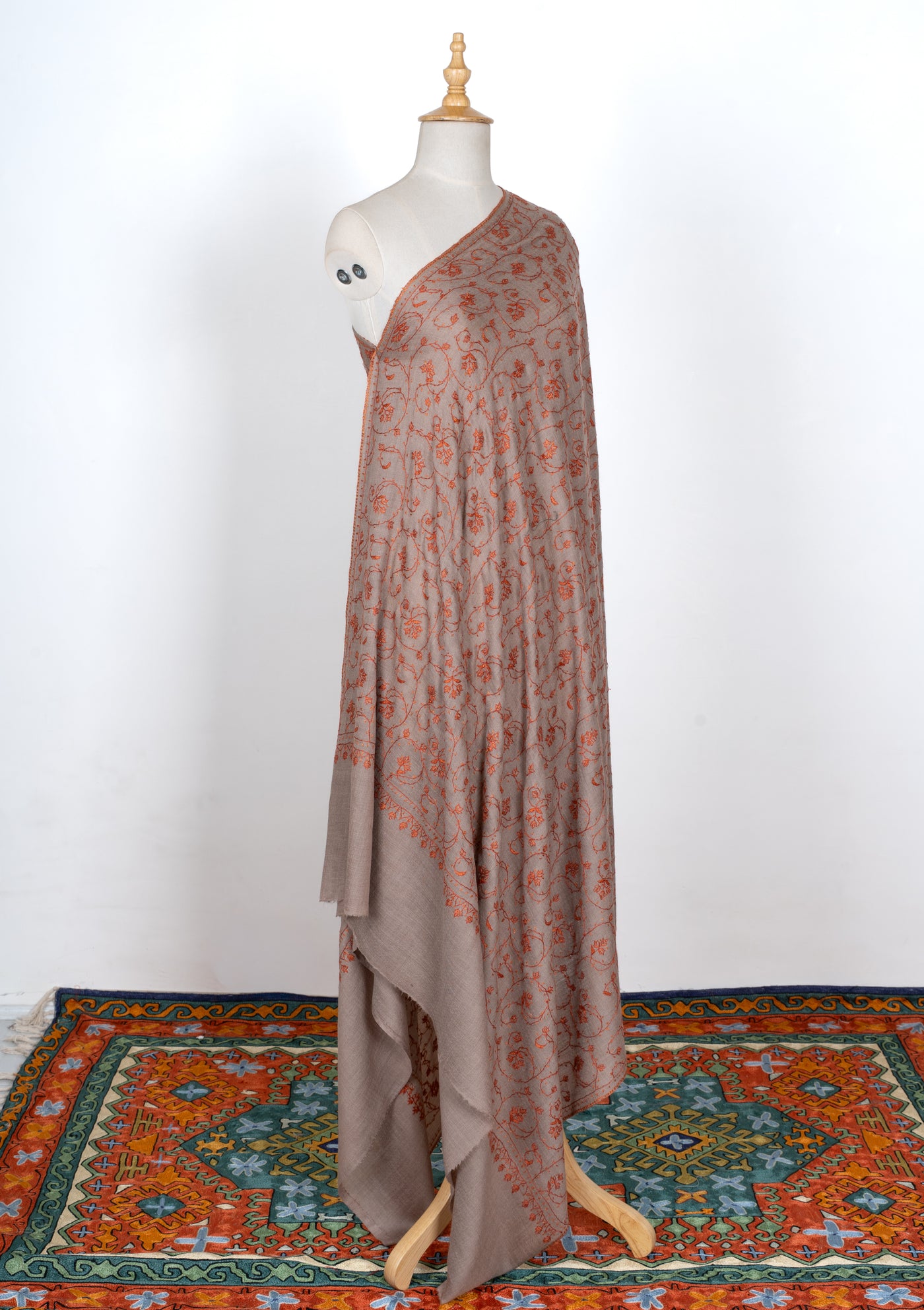 2.5 Yards | Chaman-e-Atish — Sozni Jaal Hand-Embroidered Shawl in Beige & Ember Red