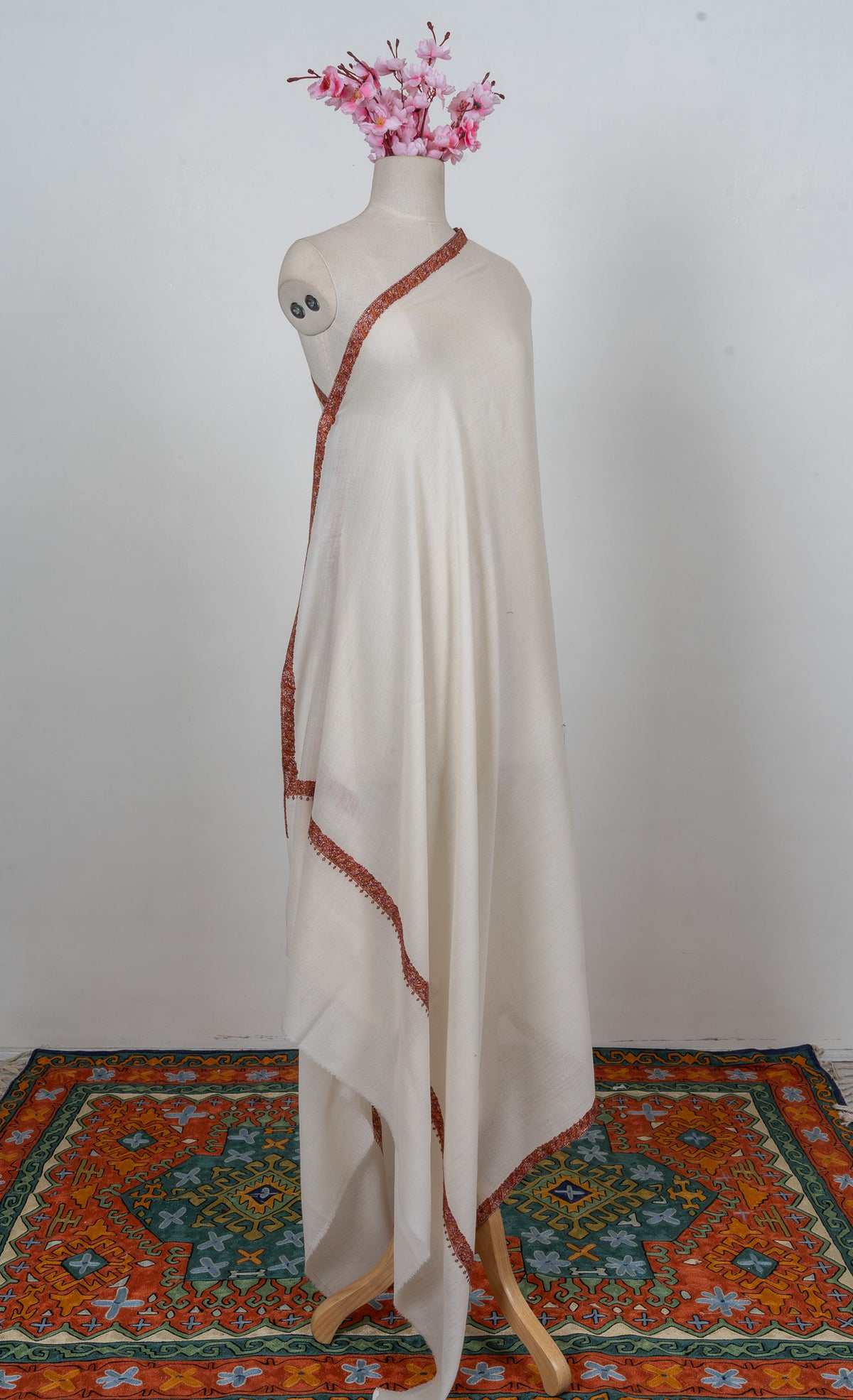 Soft Pearl Rust Edge 2.5 Yards Sozni Hand Embroidered Shawl
