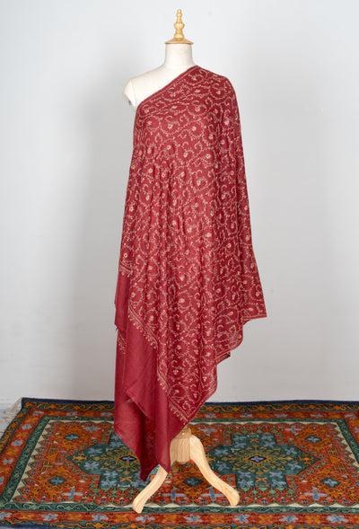 2.5 Yards | Surkh Gulzar — Sozni Jaal Hand-Embroidered Shawl in Deep Crimson & Gold