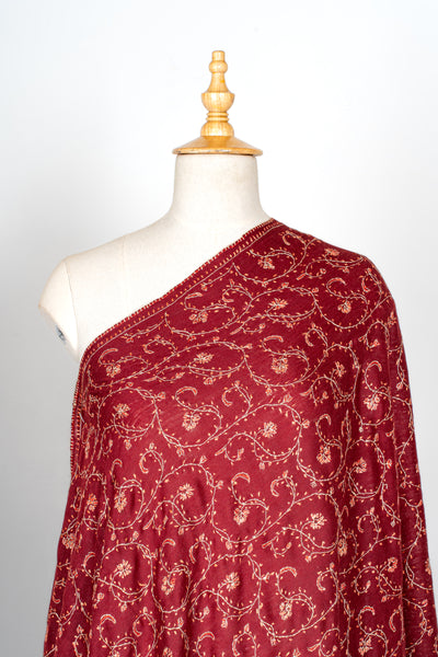 2.5 Yards | Surkh Gulzar — Sozni Jaal Hand-Embroidered Shawl in Deep Crimson & Gold