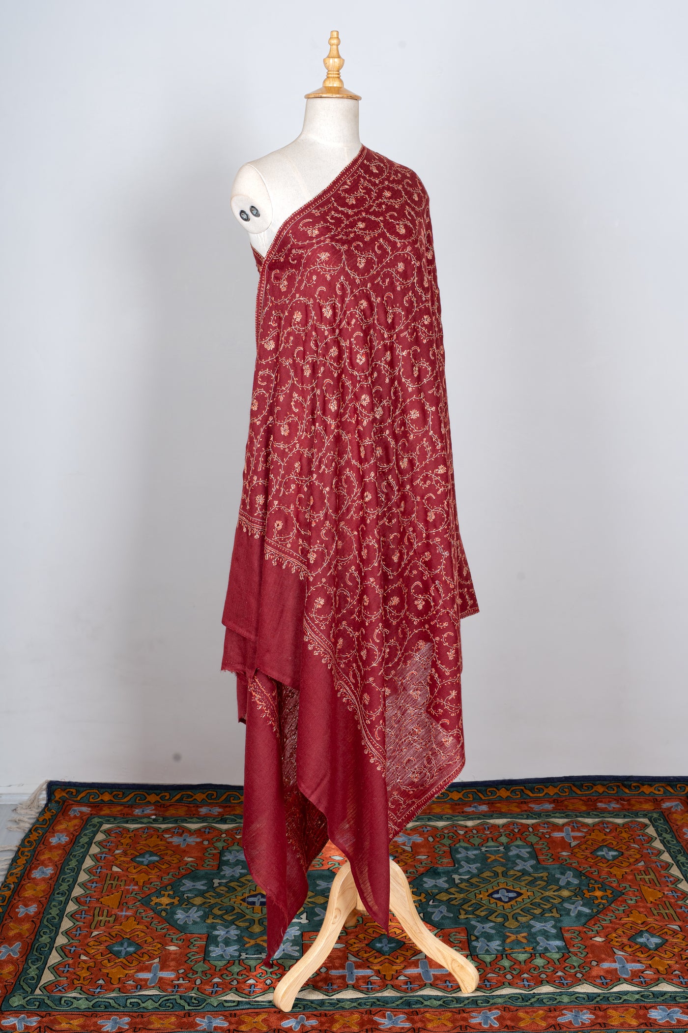 2.5 Yards | Surkh Gulzar — Sozni Jaal Hand-Embroidered Shawl in Deep Crimson & Gold