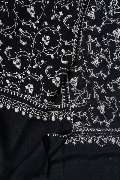 2.5 Yards | Shab-e-Gulzar — Sozni Jaal Hand-Embroidered Shawl in Midnight Black & Ivory White
