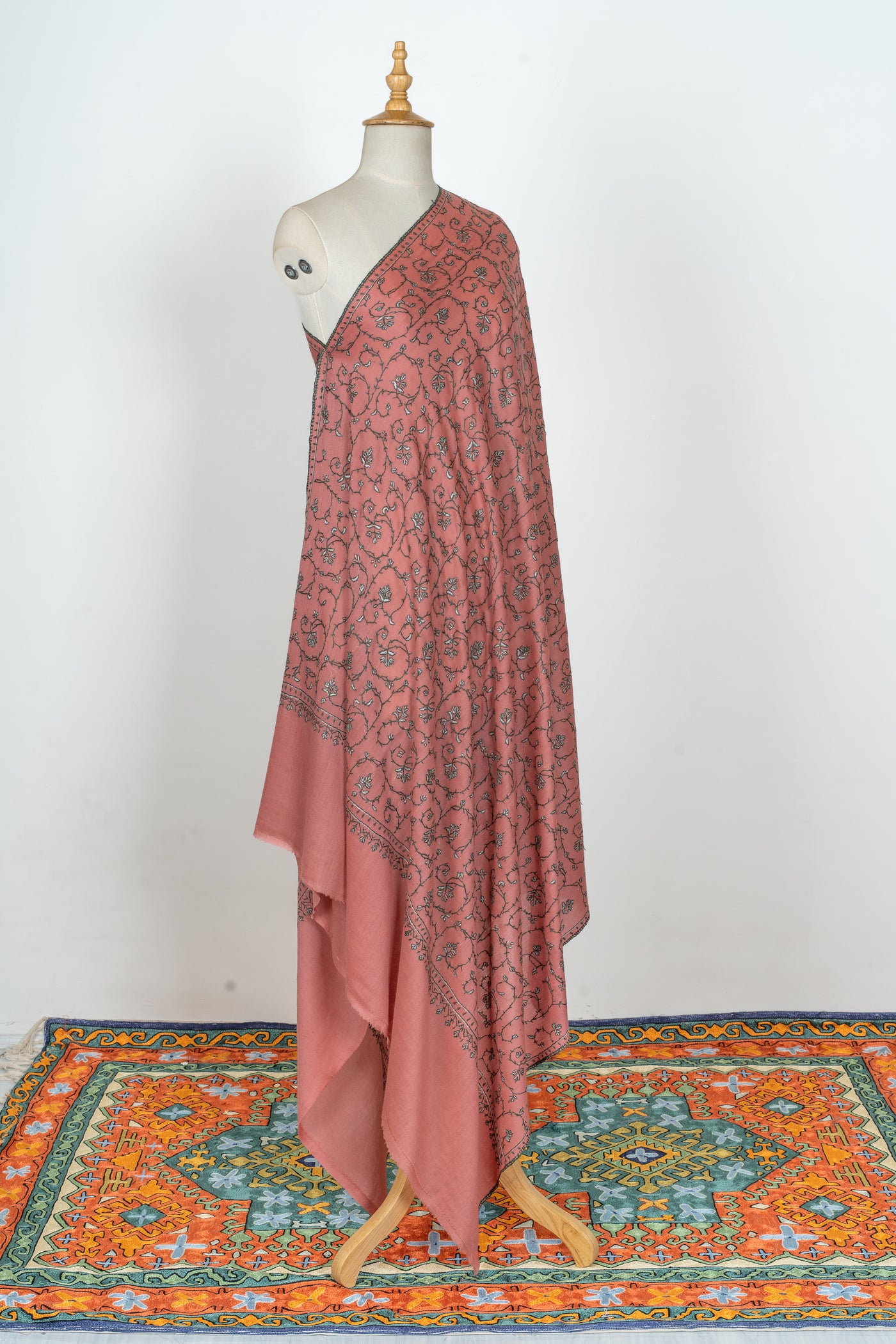 2.5 Yards | Gul-e-Nauroz — Sozni Jaal Hand-Embroidered Shawl in Peach Blossom Pink