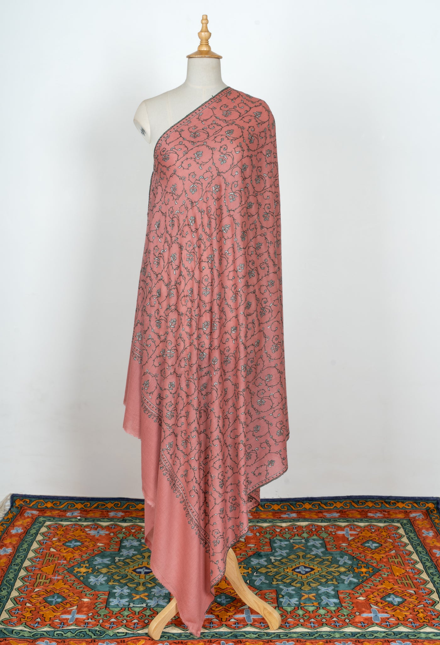 2.5 Yards | Gul-e-Nauroz — Sozni Jaal Hand-Embroidered Shawl in Peach Blossom Pink