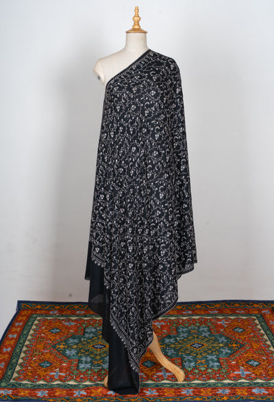2.5 Yards | Shab-e-Gulzar — Sozni Jaal Hand-Embroidered Shawl in Midnight Black & Ivory White