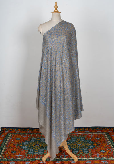 2.5 Yards | Neel-e-Sahar — Sozni Jaal Hand-Embroidered Shawl in Dove Grey & Sky Blue