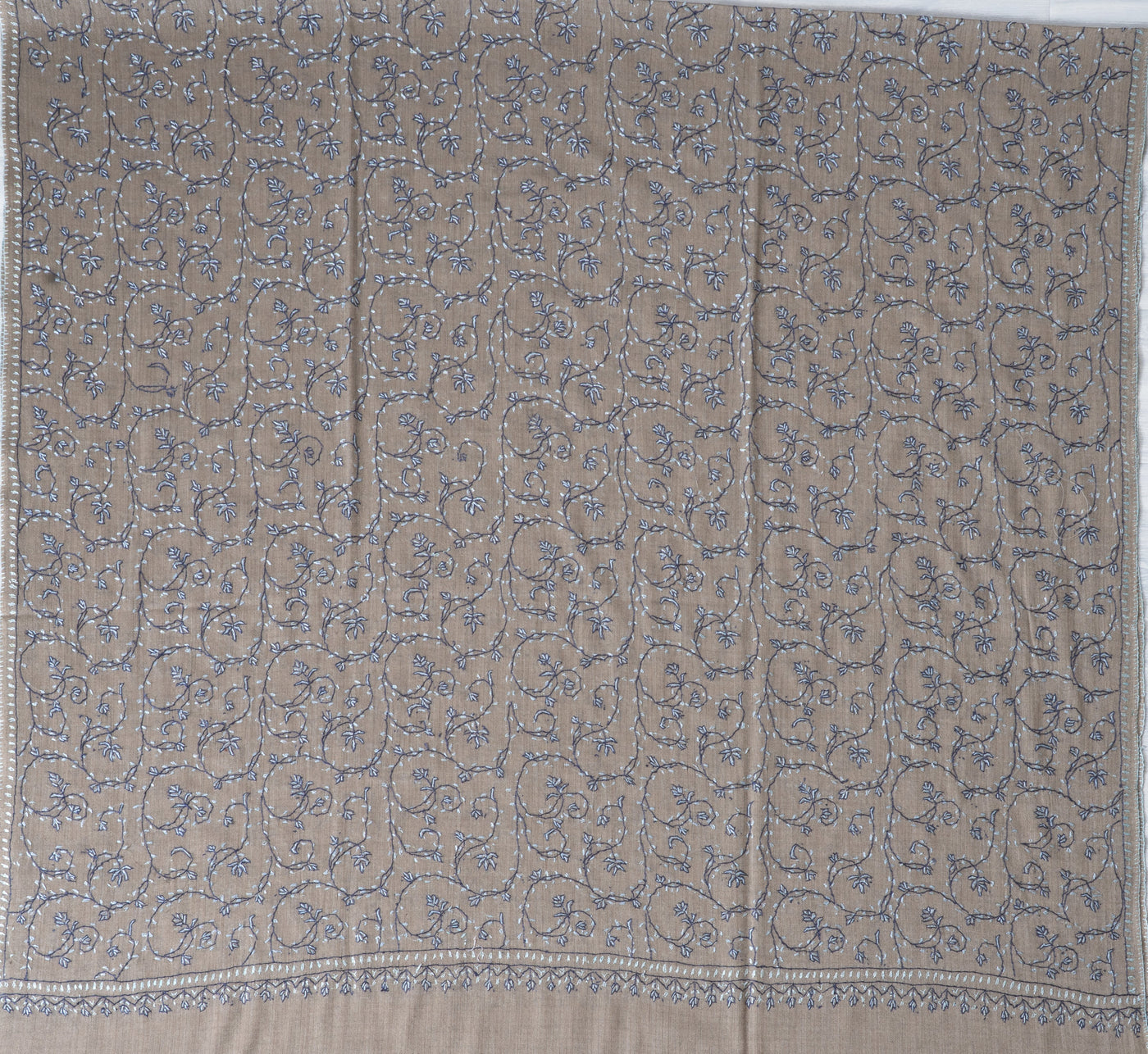 2.5 Yards | Aabroo-e-Neela — Sozni Hand-Embroidered Shawl in Taupe with Blue & White Vines