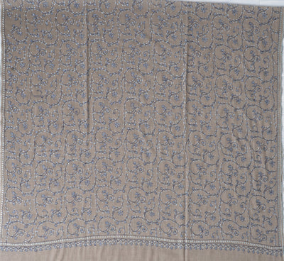 2.5 Yards | Aabroo-e-Neela — Sozni Hand-Embroidered Shawl in Taupe with Blue & White Vines