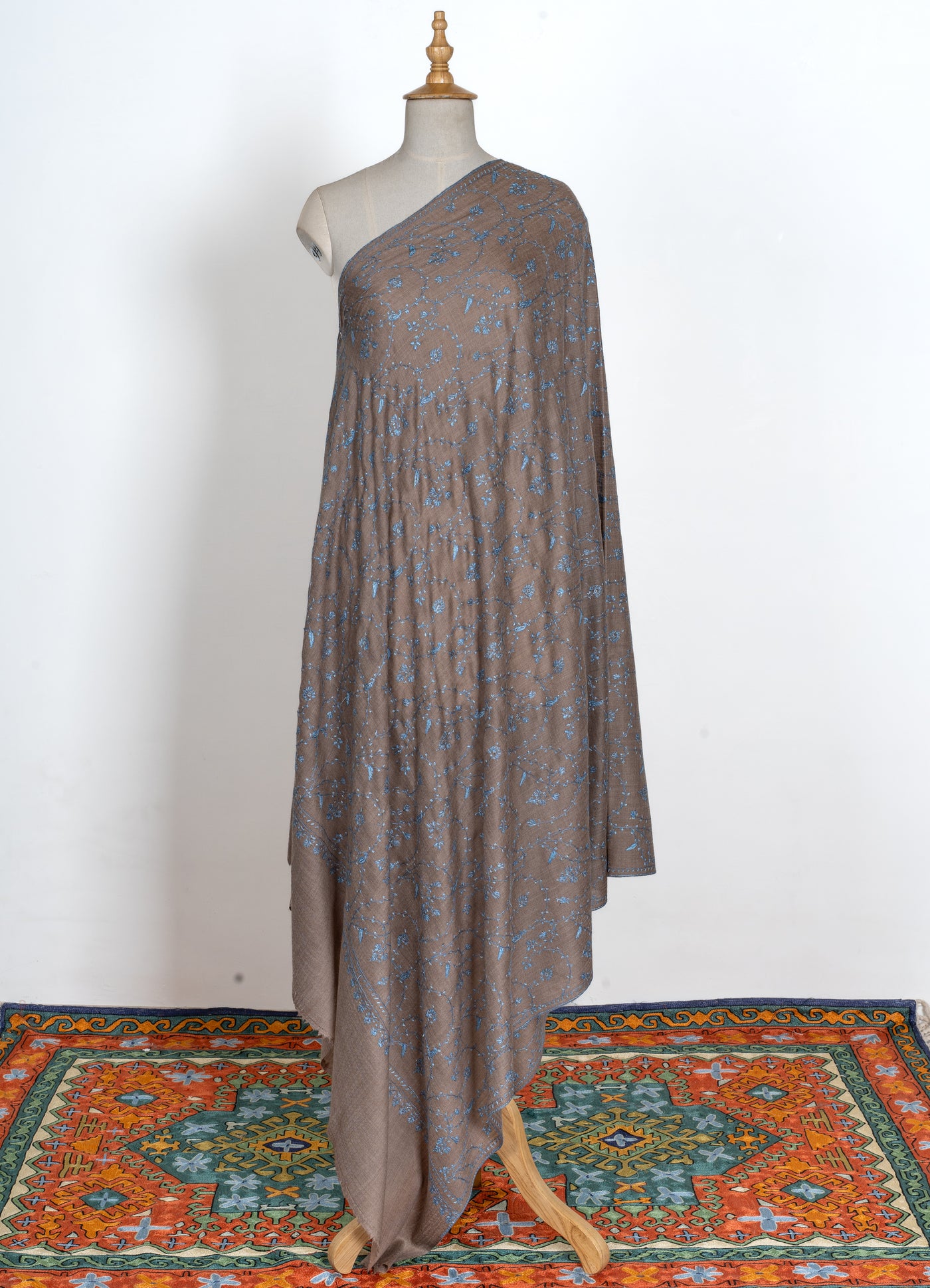 2.5 Yards | Ferozi Bagh — Sozni Hand-Embroidered Shawl in Cocoa Brown