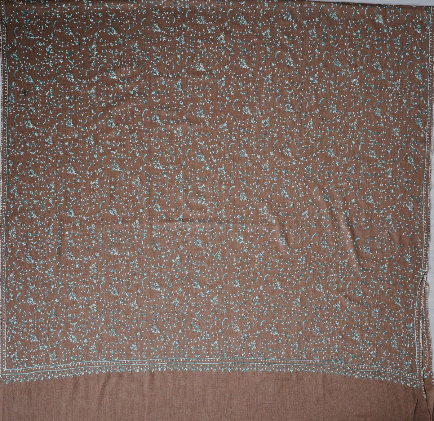 2.5 Yards | Subh-e-Feroza — Sozni Hand-Embroidered Shawl in Cocoa Brown with Teal & Ivory Vines