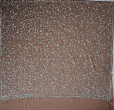 2.5 Yards | Subh-e-Feroza — Sozni Hand-Embroidered Shawl in Cocoa Brown with Teal & Ivory Vines