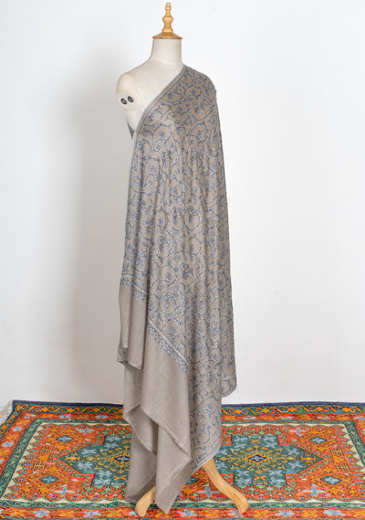 2.5 Yards | Aabroo-e-Neela — Sozni Hand-Embroidered Shawl in Taupe with Blue & White Vines