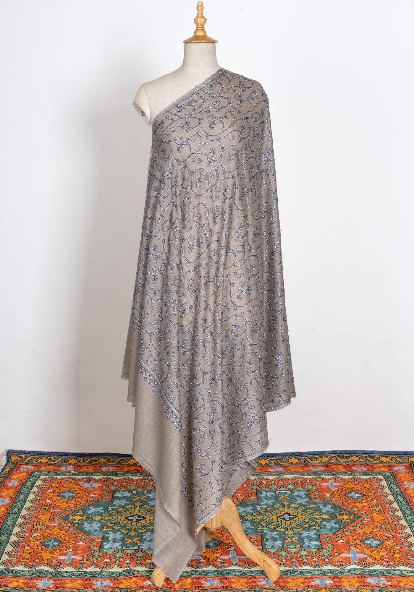 2.5 Yards | Aabroo-e-Neela — Sozni Hand-Embroidered Shawl in Taupe with Blue & White Vines