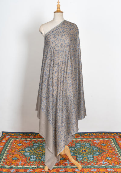 2.5 Yards | Aabroo-e-Neela — Sozni Hand-Embroidered Shawl in Taupe with Blue & White Vines