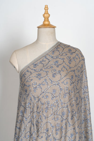 2.5 Yards | Aabroo-e-Neela — Sozni Hand-Embroidered Shawl in Taupe with Blue & White Vines