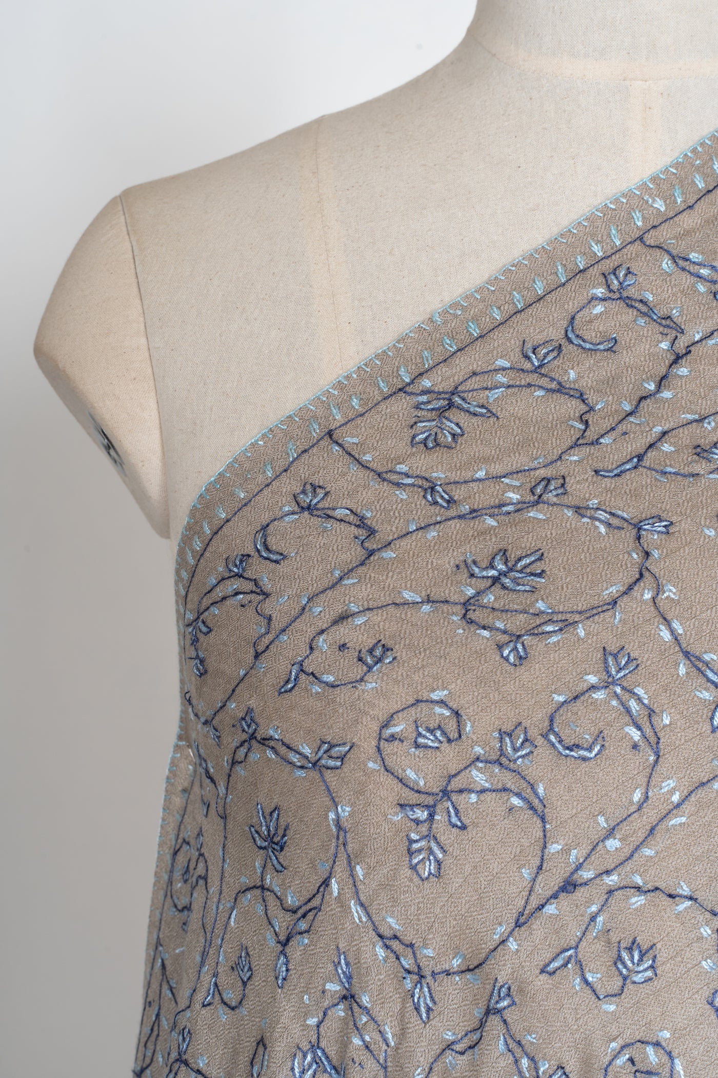 2.5 Yards | Aabroo-e-Neela — Sozni Hand-Embroidered Shawl in Taupe with Blue & White Vines